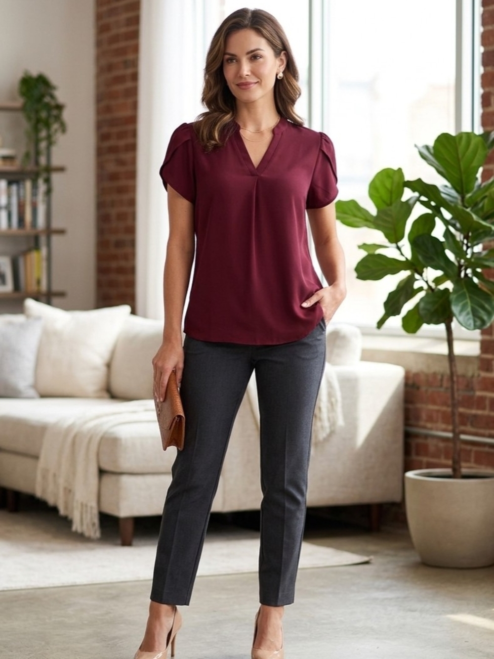 Women’s V-Neck Cap Sleeve Blouse in Burgundy L Evaless